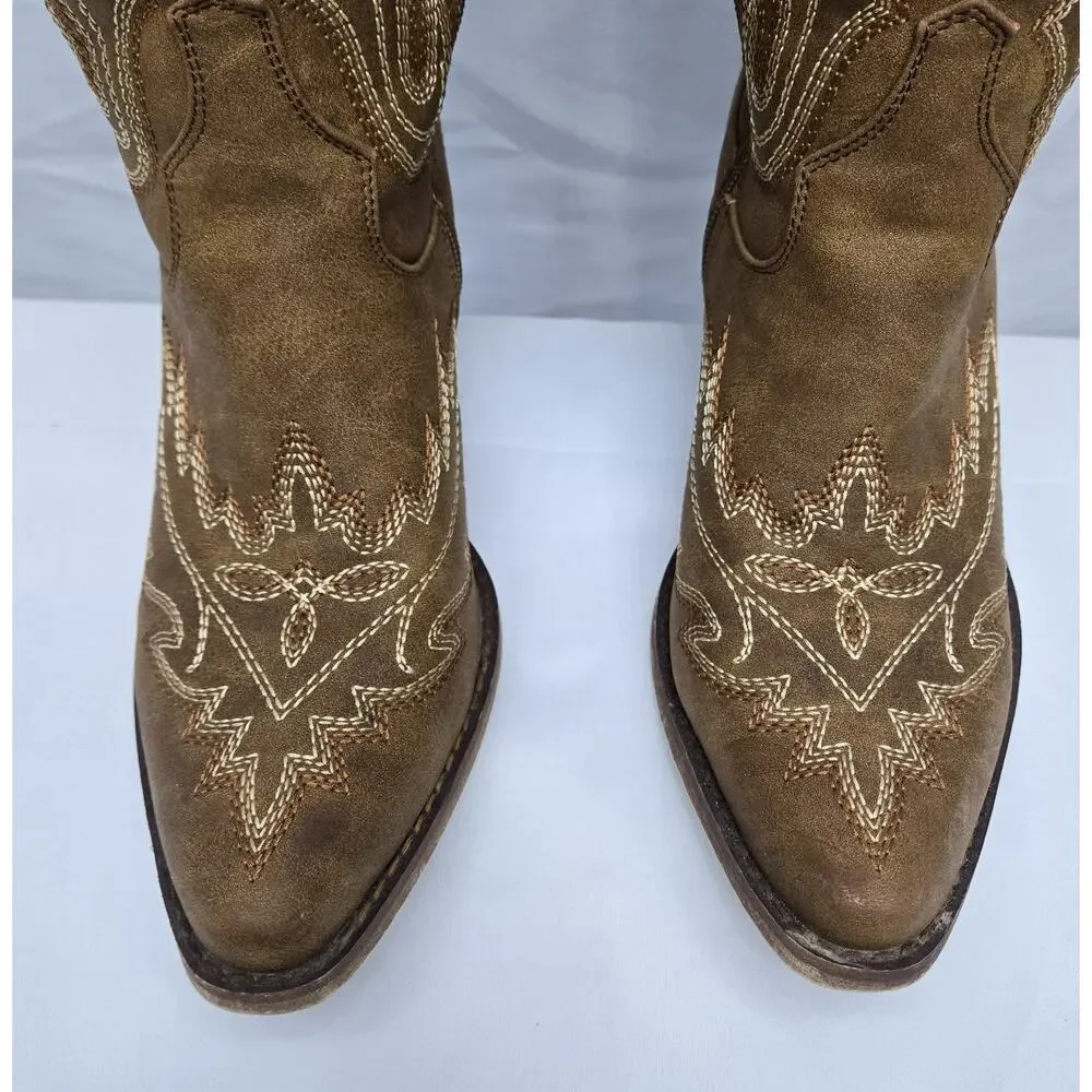 Brown Embroidered Thigh-High Over-the-Knee Cowboy Back Lace-Up Boots Size 6